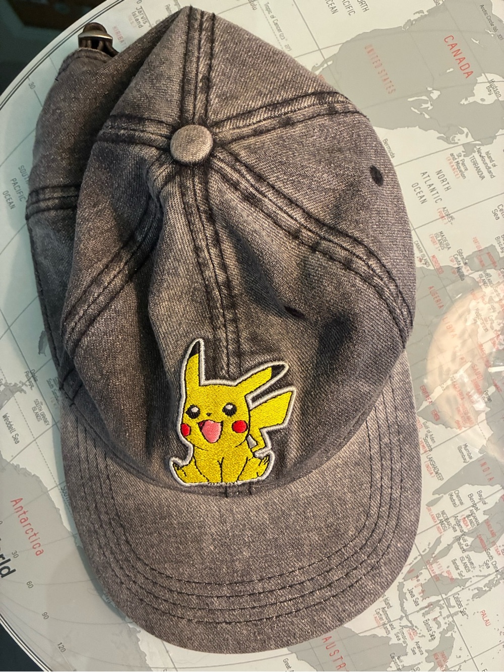 Pokémon Pikachu Gray Denim Baseball Cap Adjustable Strap Hat Adult Size